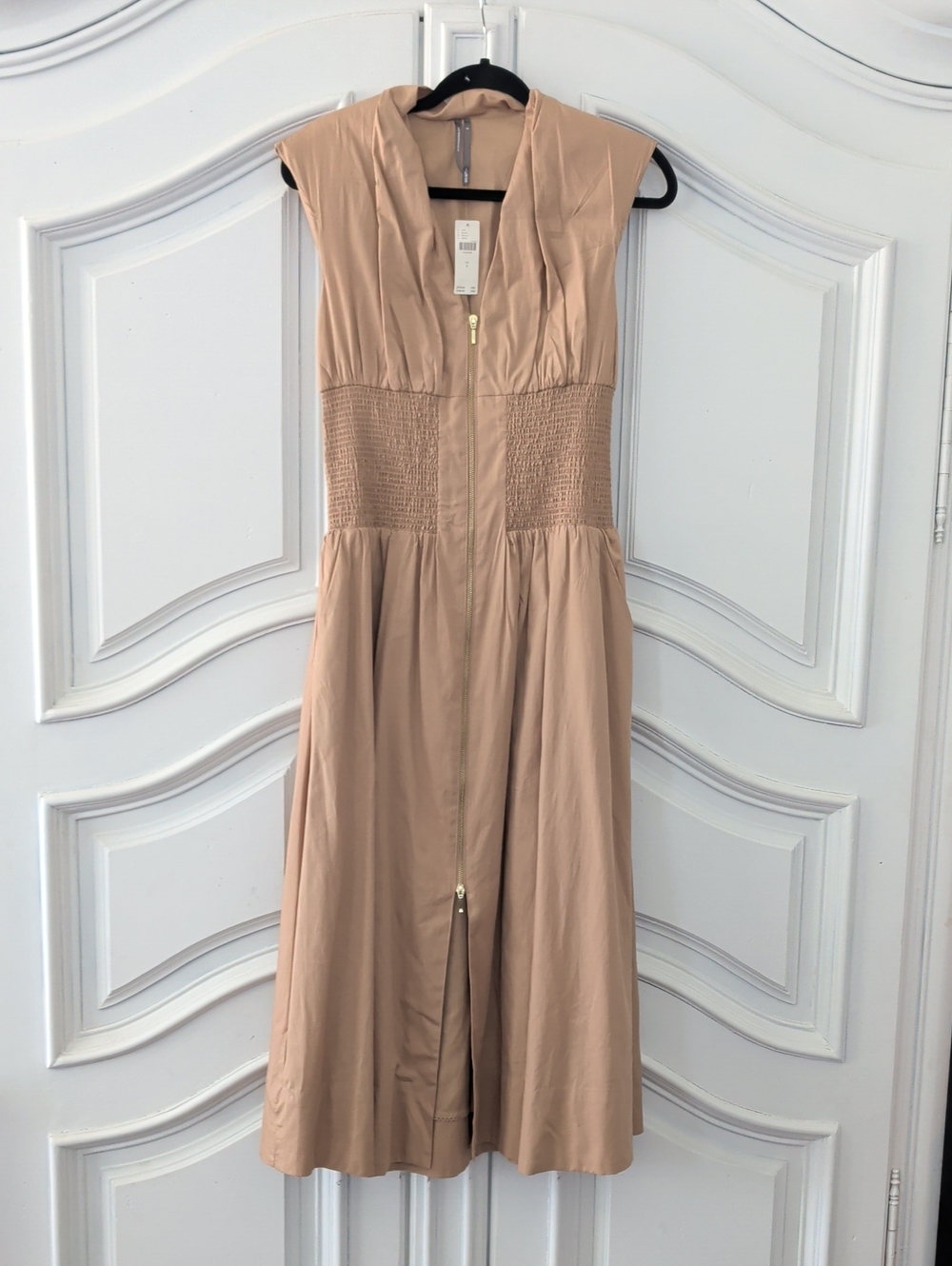 NWT Anthropologie Tommie Neutral Beige Zip-Front Midi Dress with Smocked Waist